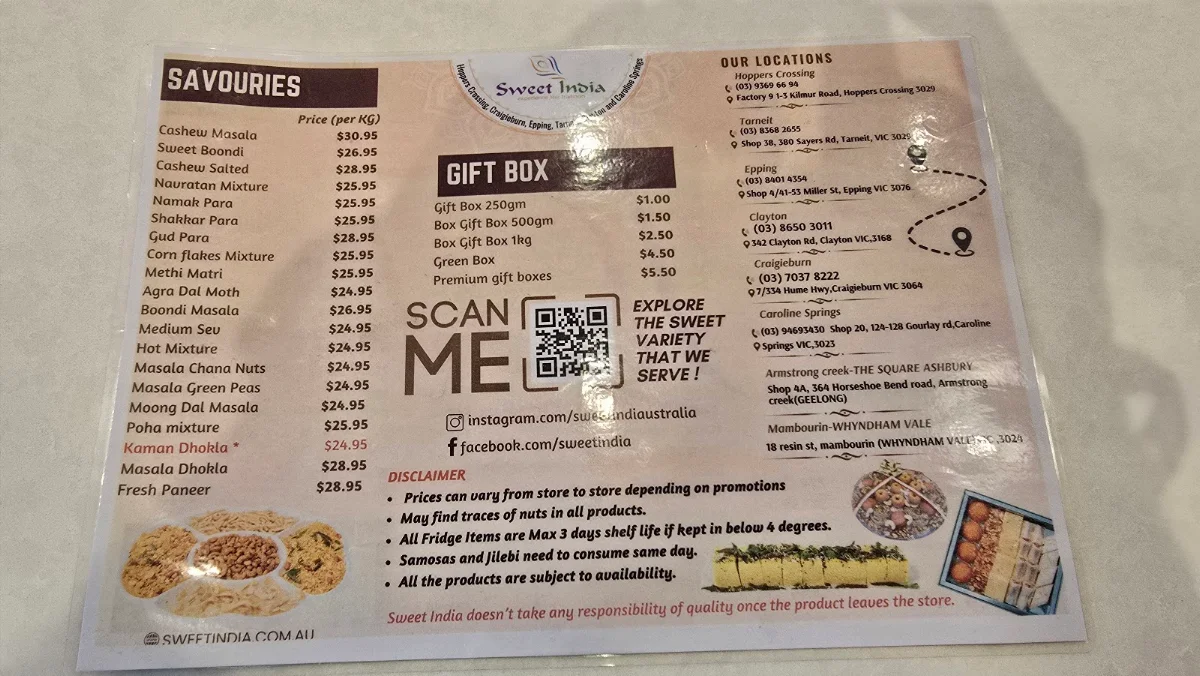 Menu, Sweet India Geelong
