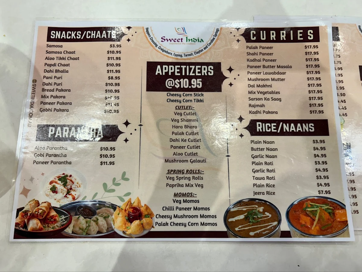 Menu, Sweet India Geelong