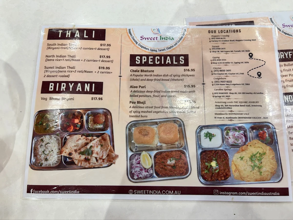 Menu, Sweet India Geelong