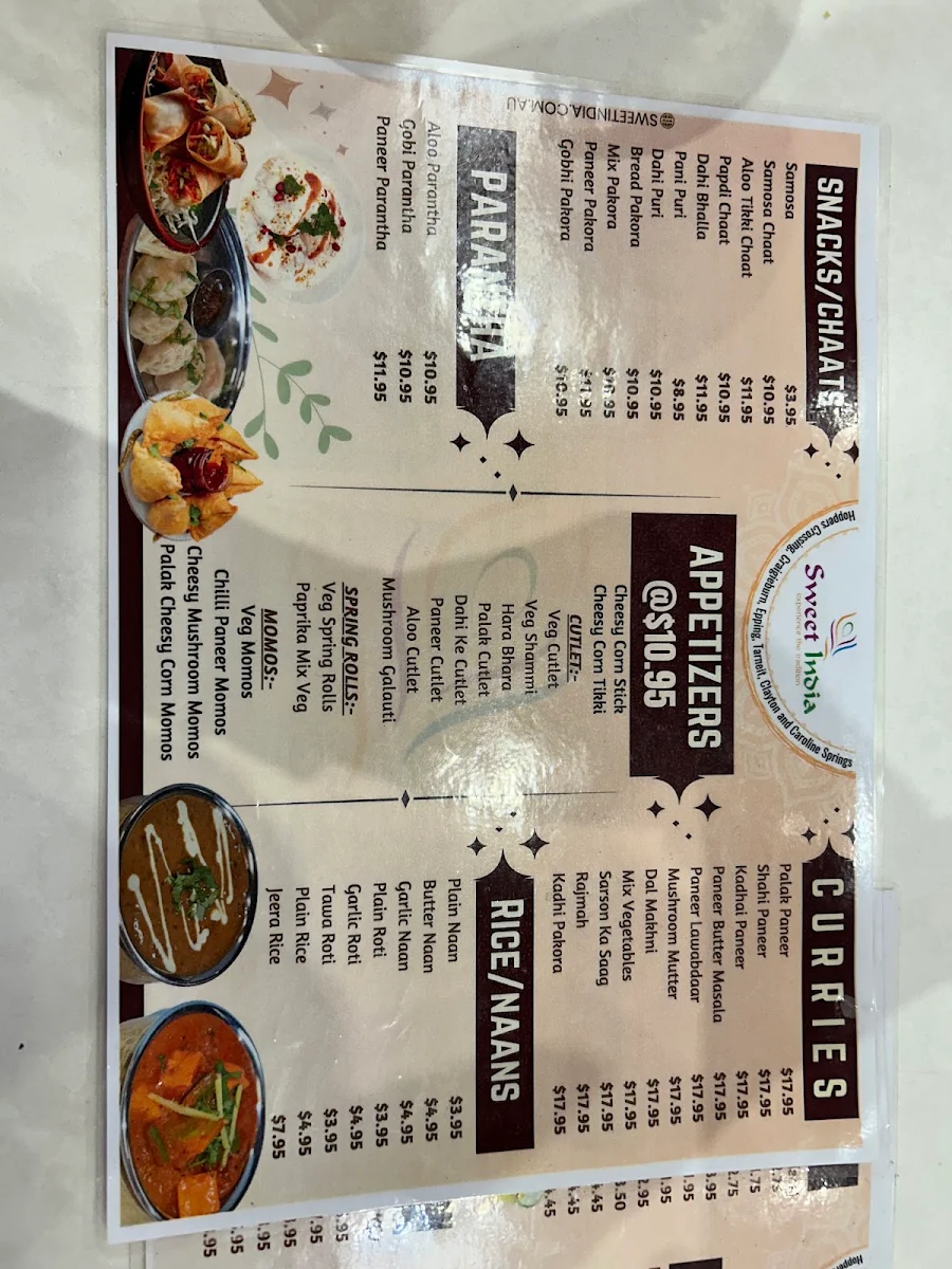 Menu, Sweet India Geelong