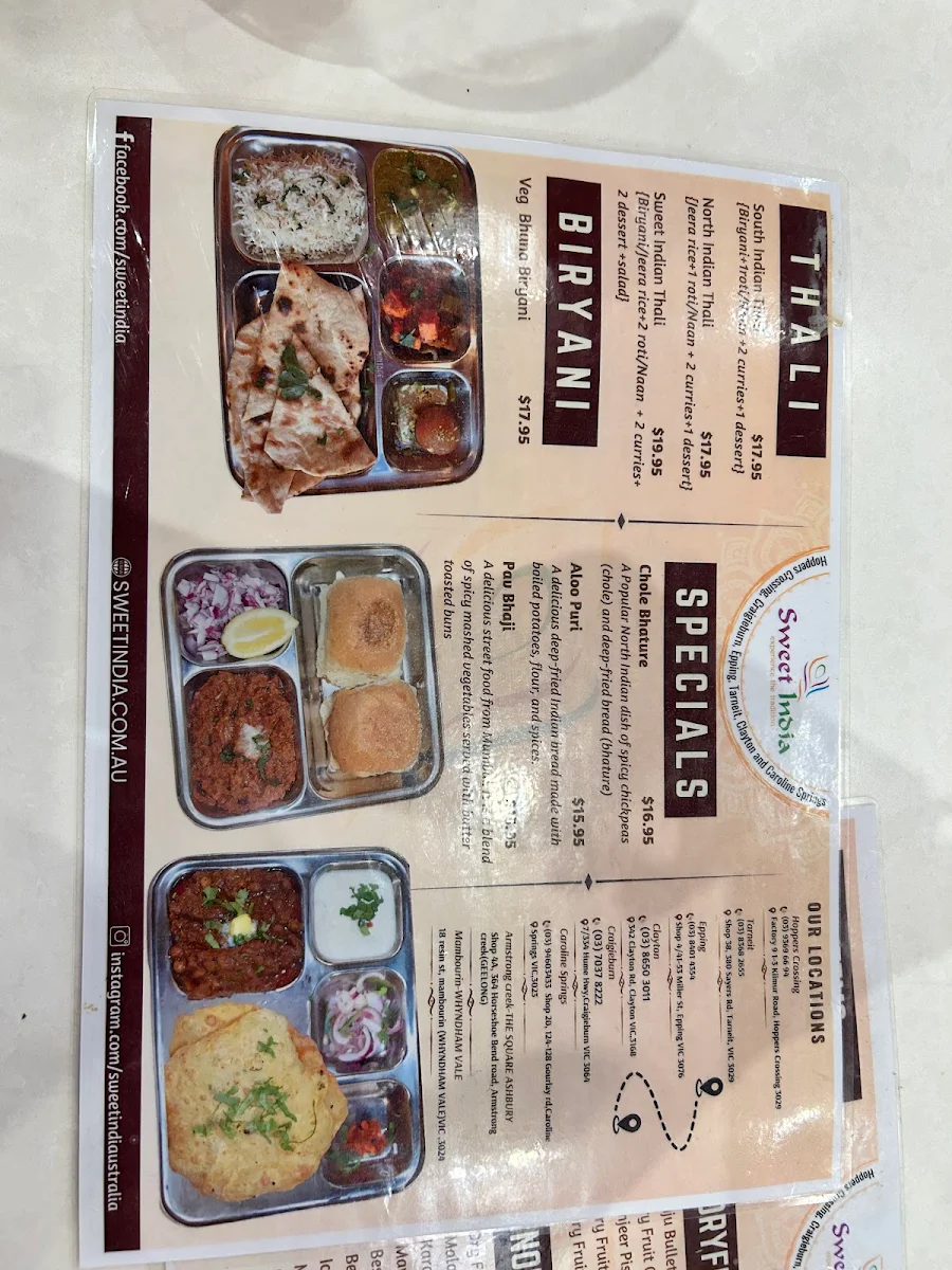 Menu, Sweet India Geelong