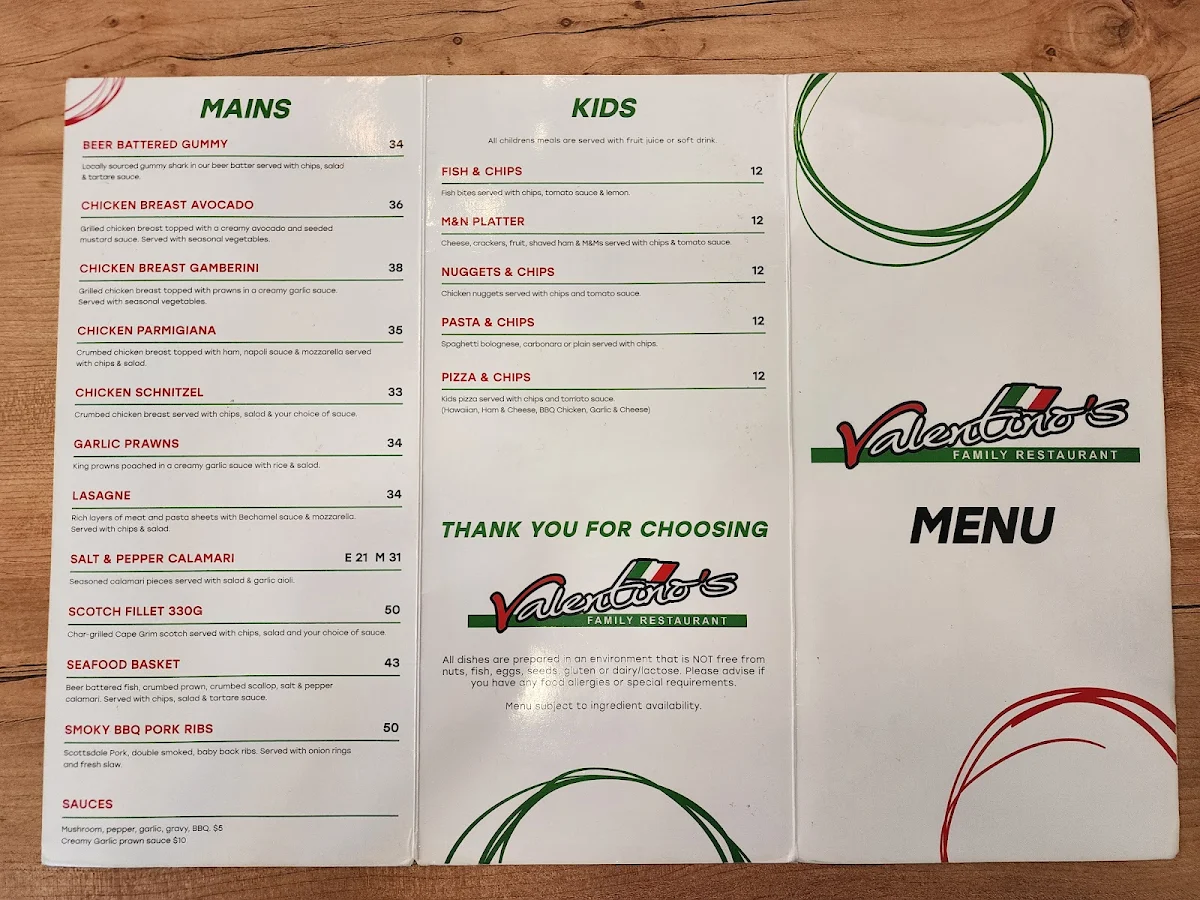 Menu, Valentino's Family Restaurant