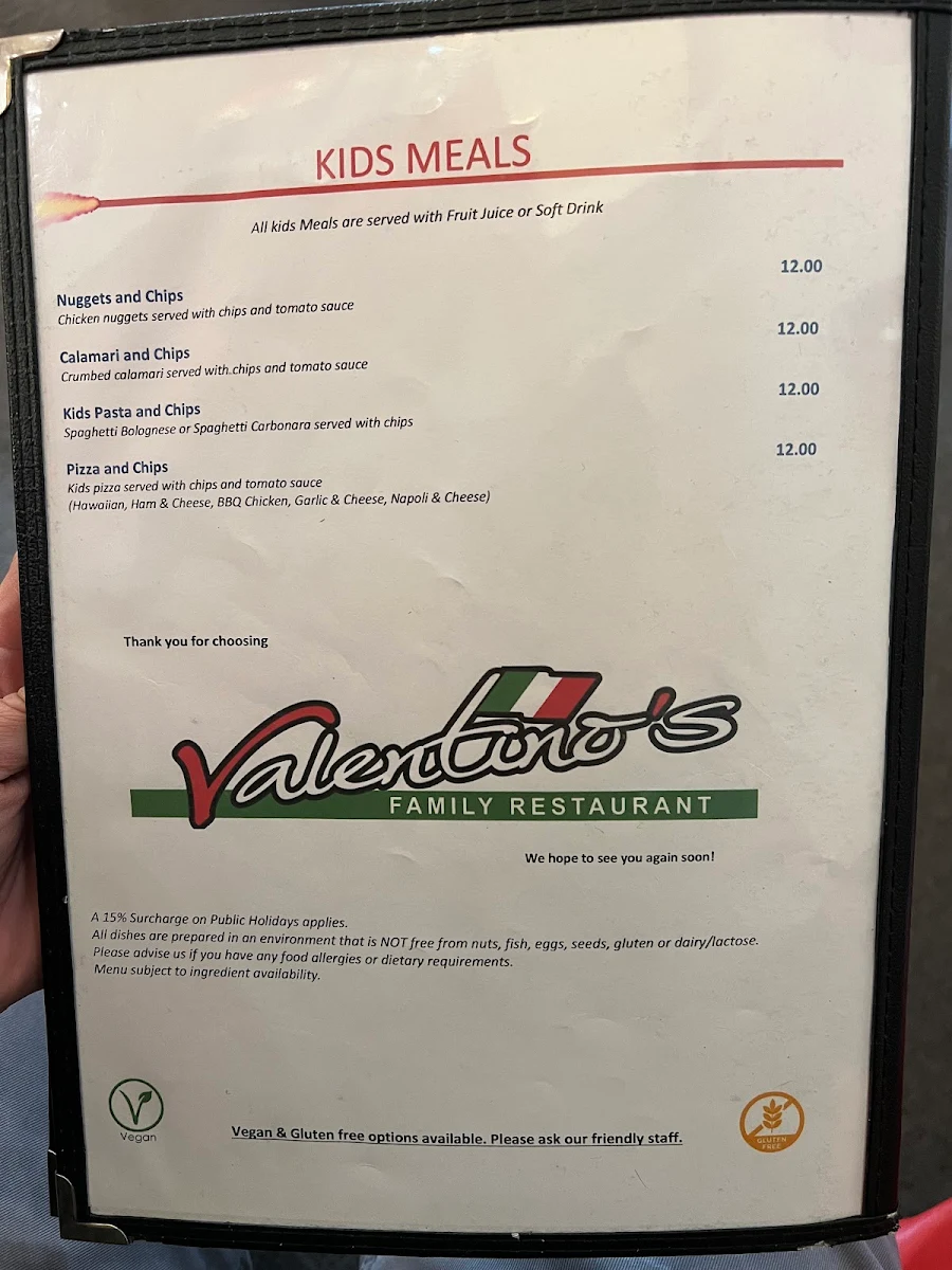 Menu, Valentino's Family Restaurant