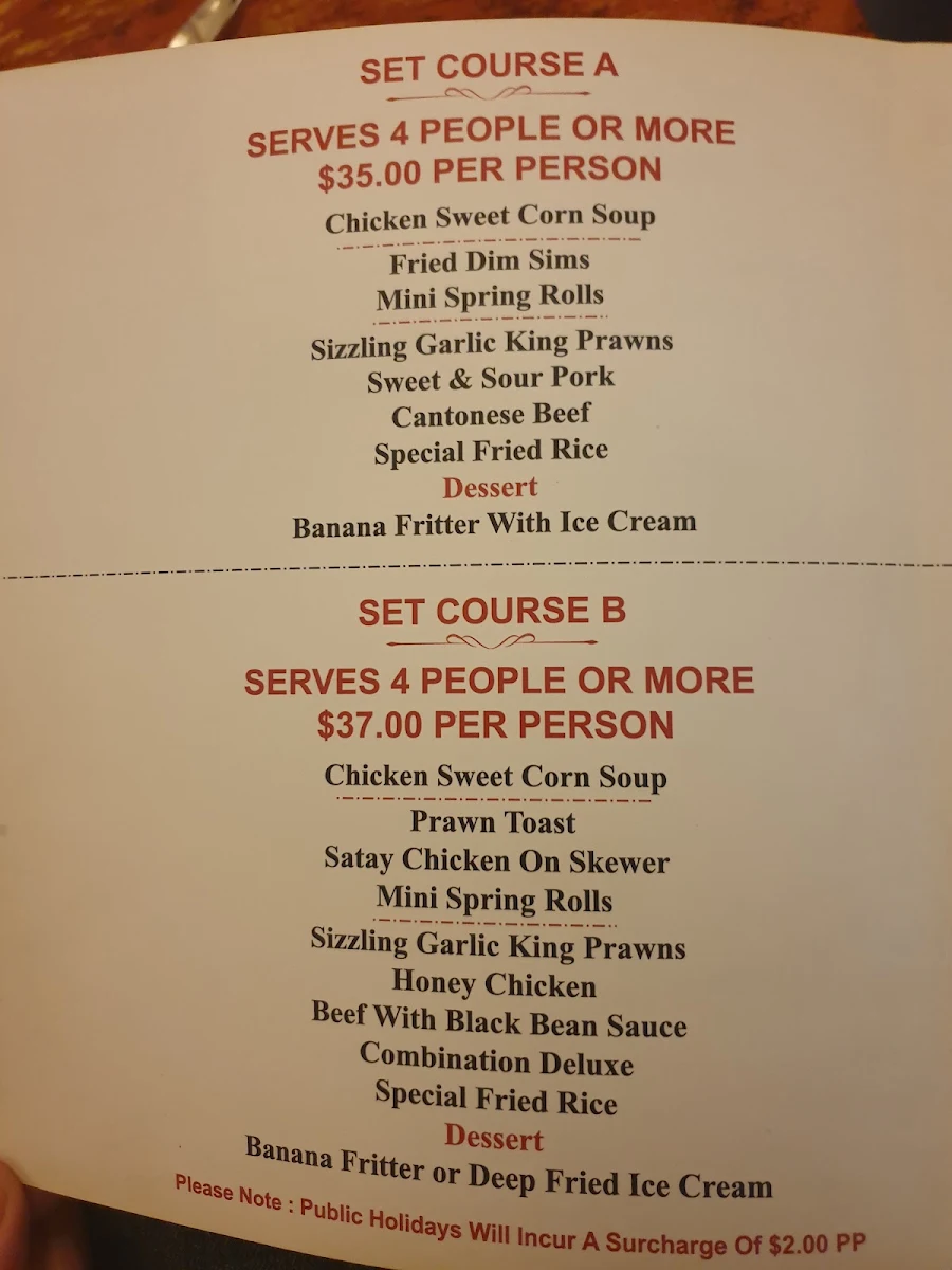 Menu, Hong Kong Chinese Restaurant Cowra