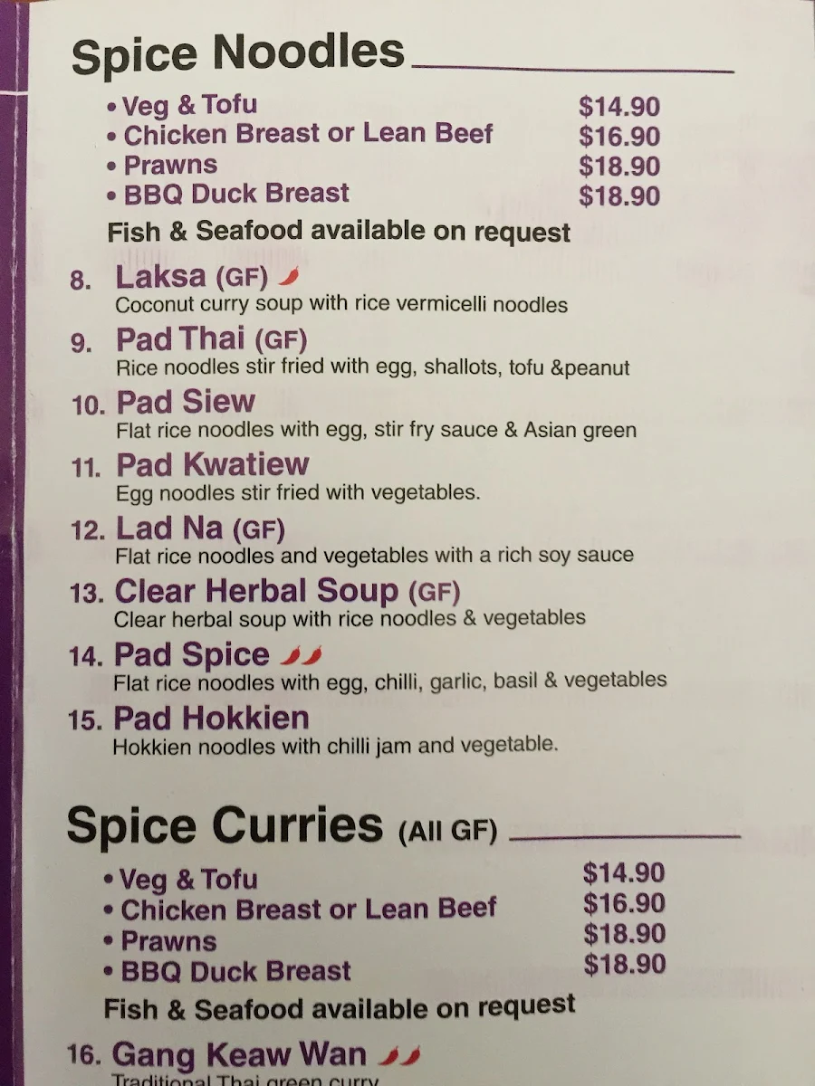 Menu, Spice Noodle Bar & Takeaway