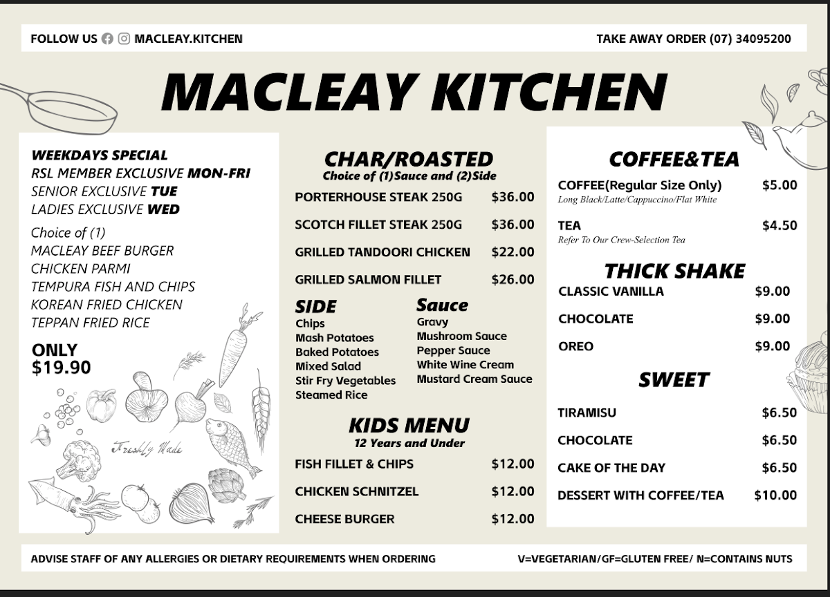 Menu, Macleay Island Hotel