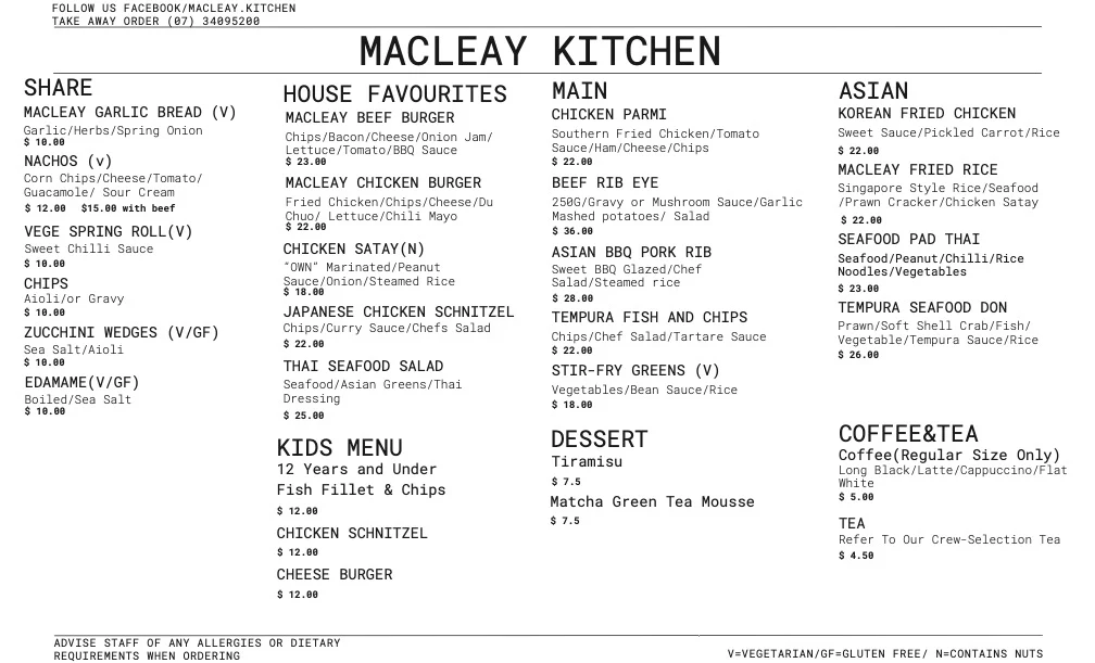 Menu, Macleay Island Hotel
