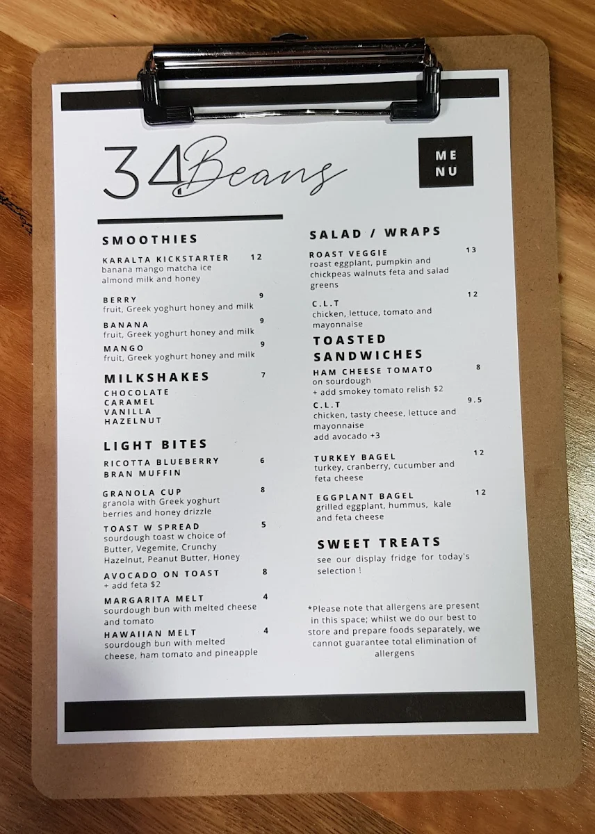 Menu, 34 Beans Cafe