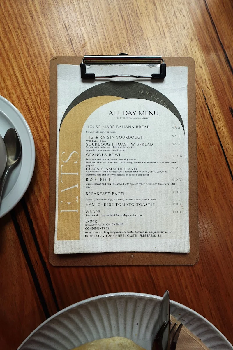 Menu, 34 Beans Cafe