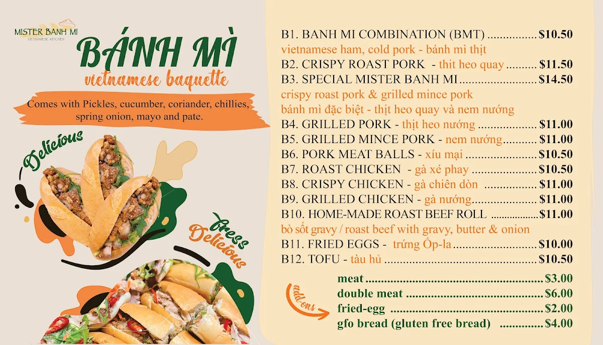Menu, Mister Banh Mi Vietnamese Kitchen