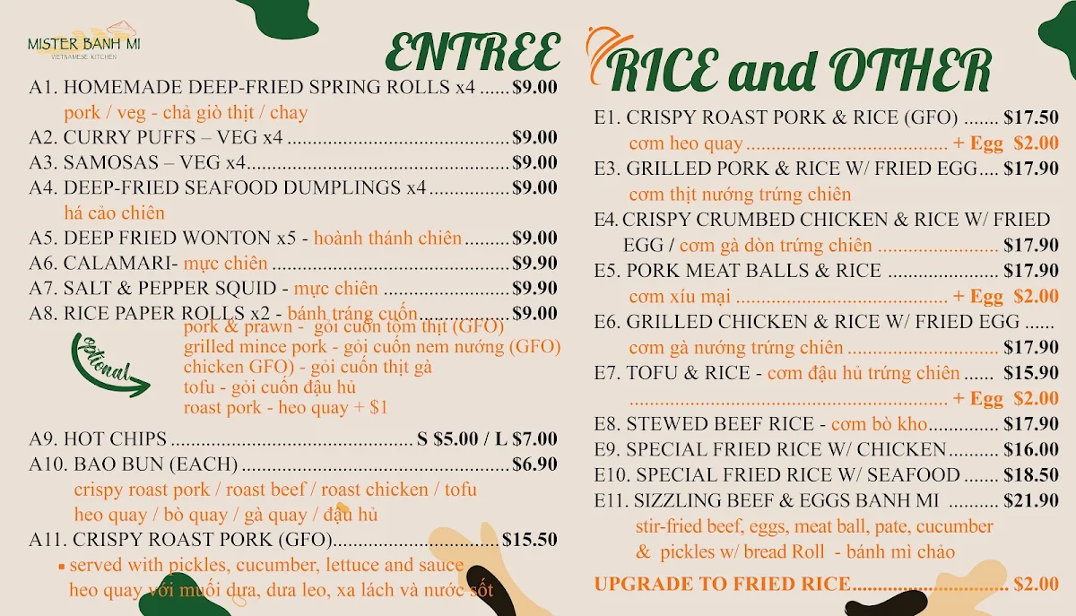 Menu, Mister Banh Mi Vietnamese Kitchen