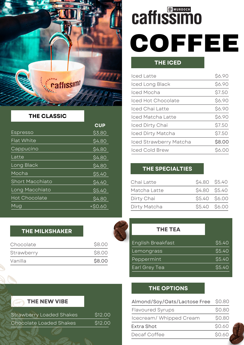 Menu, Caffissimo Murdoch Cafe