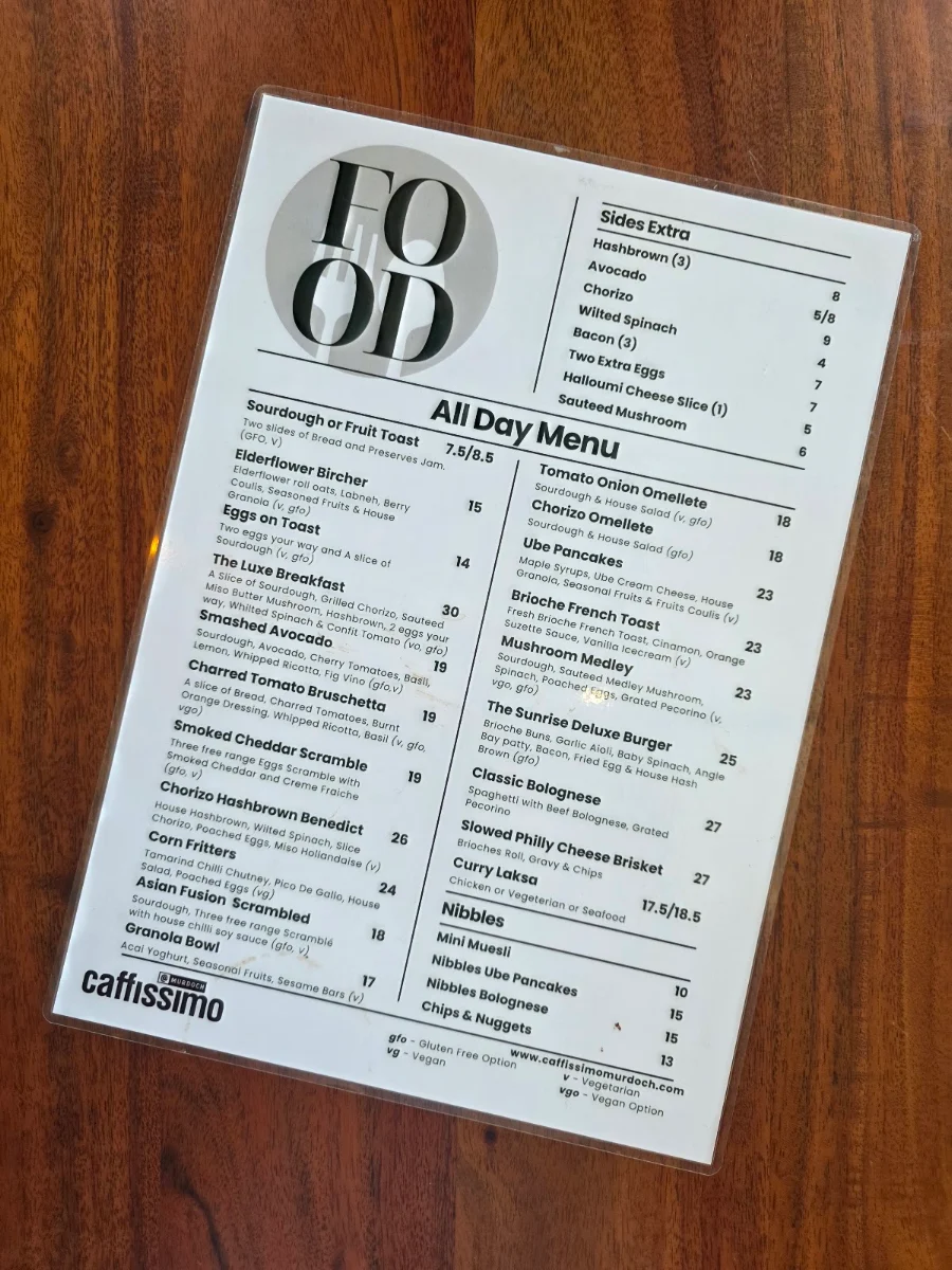 Menu, Caffissimo Murdoch Cafe