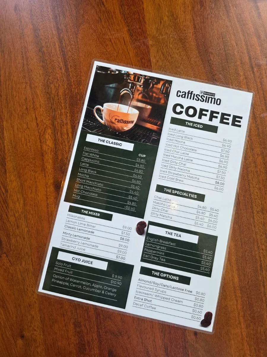 Menu, Caffissimo Murdoch Cafe