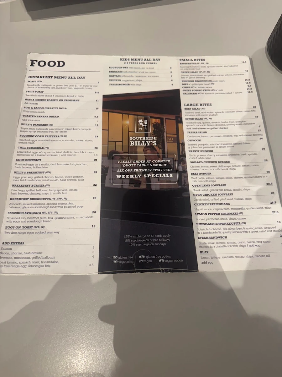 Menu, Southside Billy's