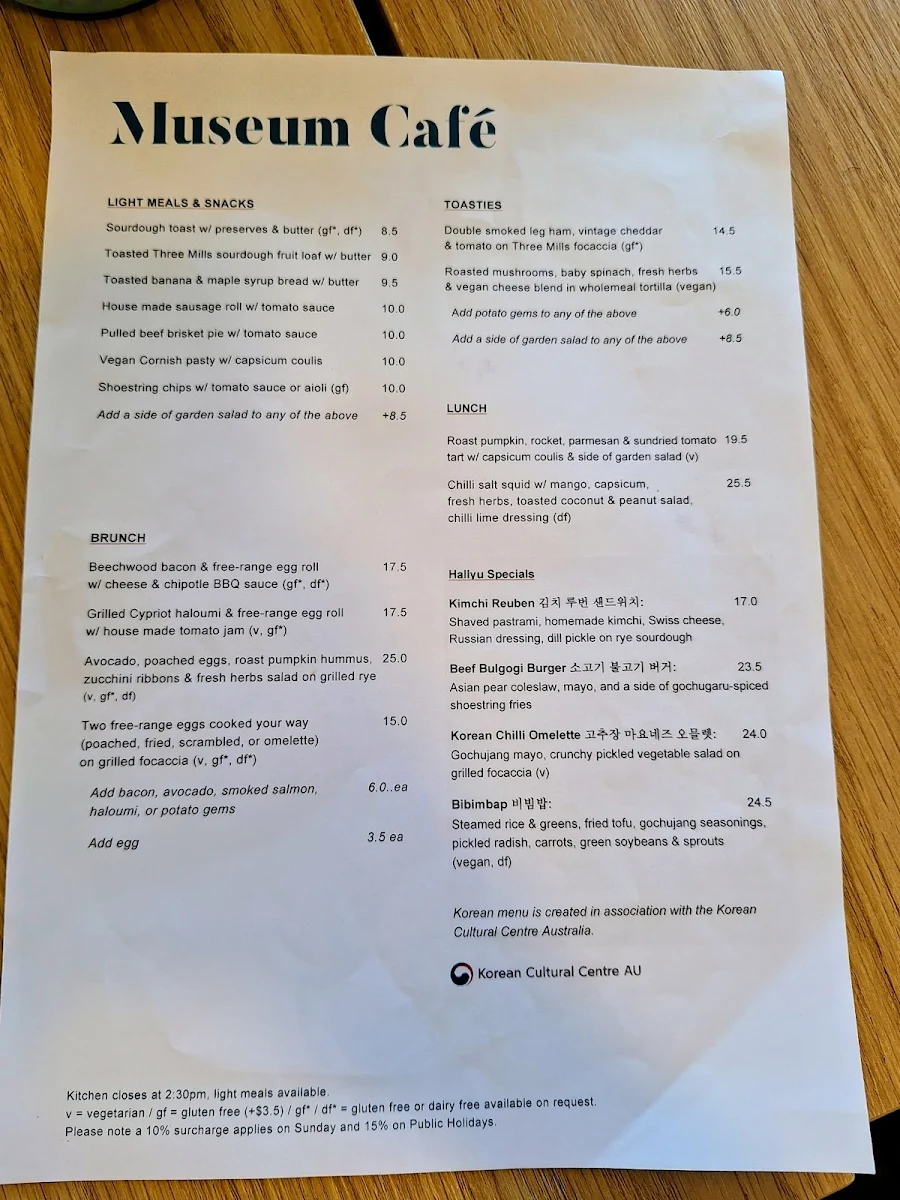 Menu, The Museum Cafe