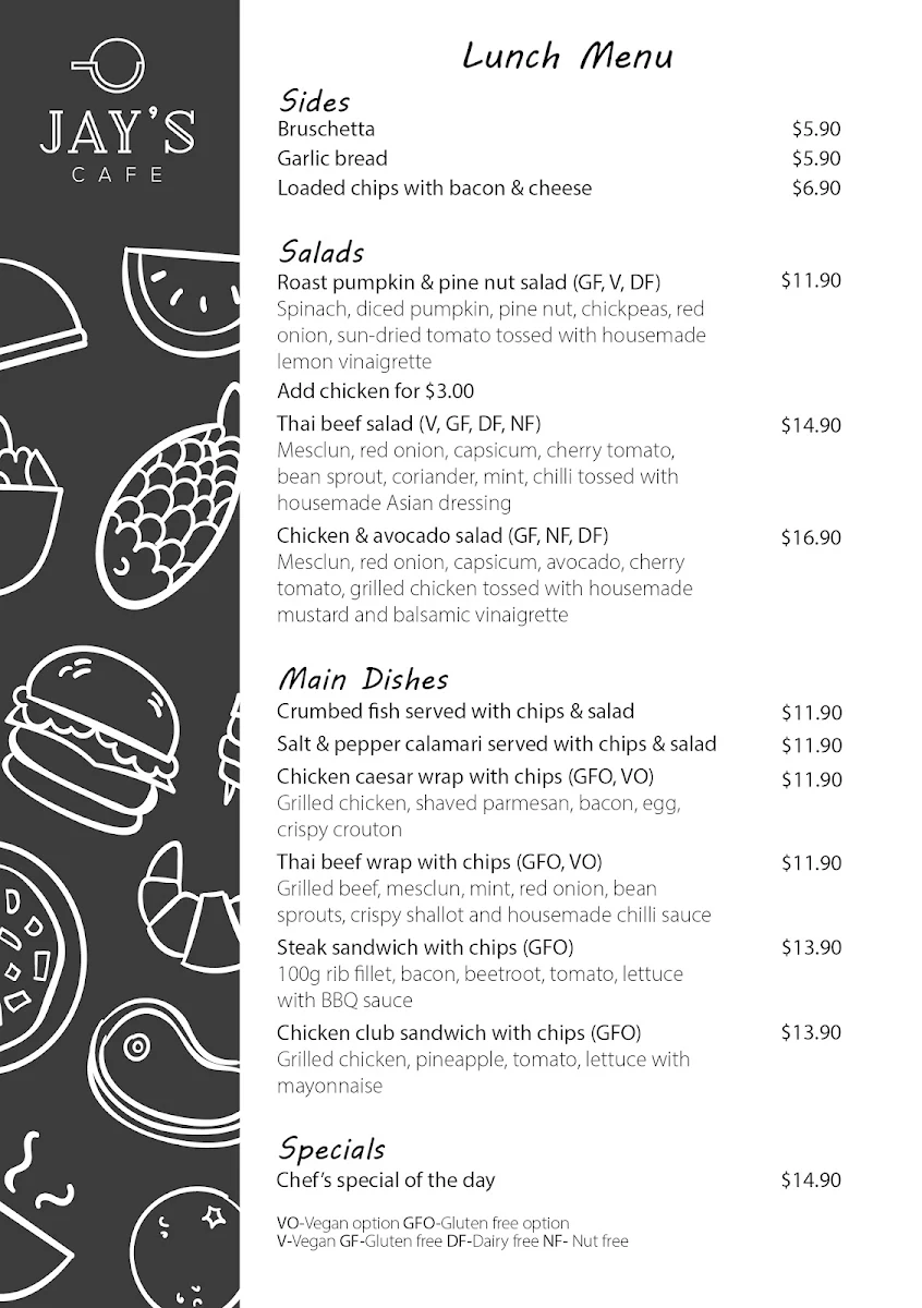 Menu, Jay's Cafe