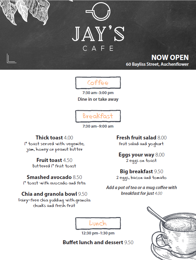 Menu, Jay's Cafe