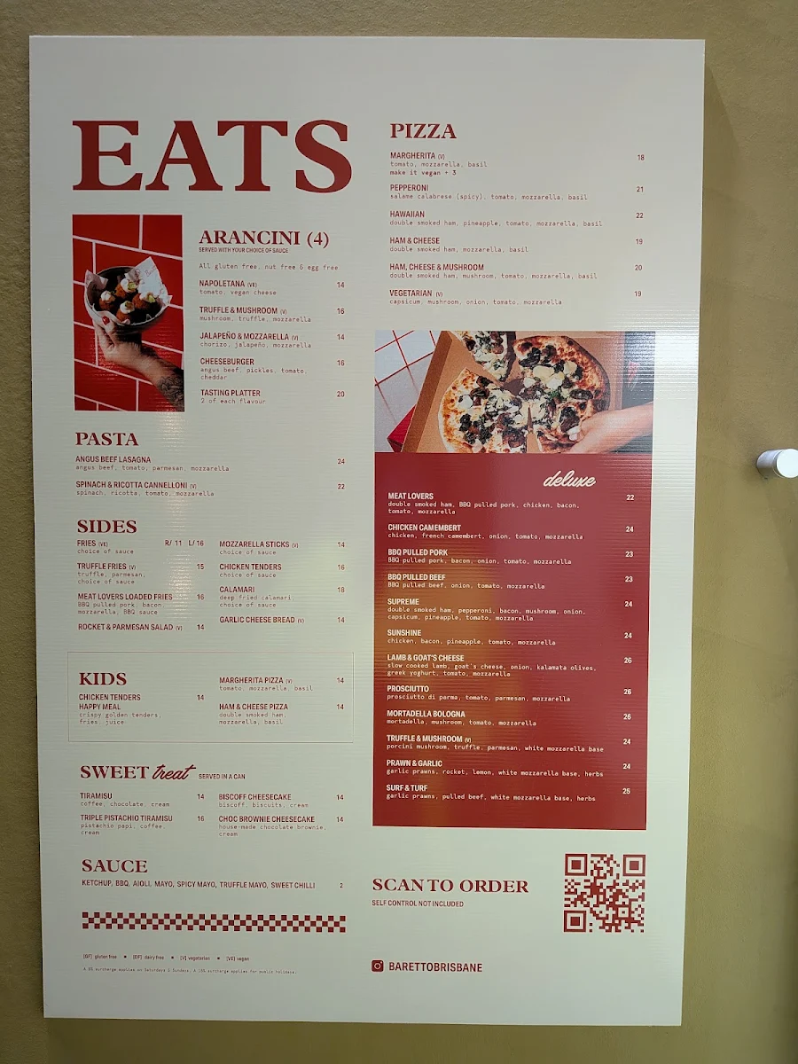 Menu, Baretto Pizza