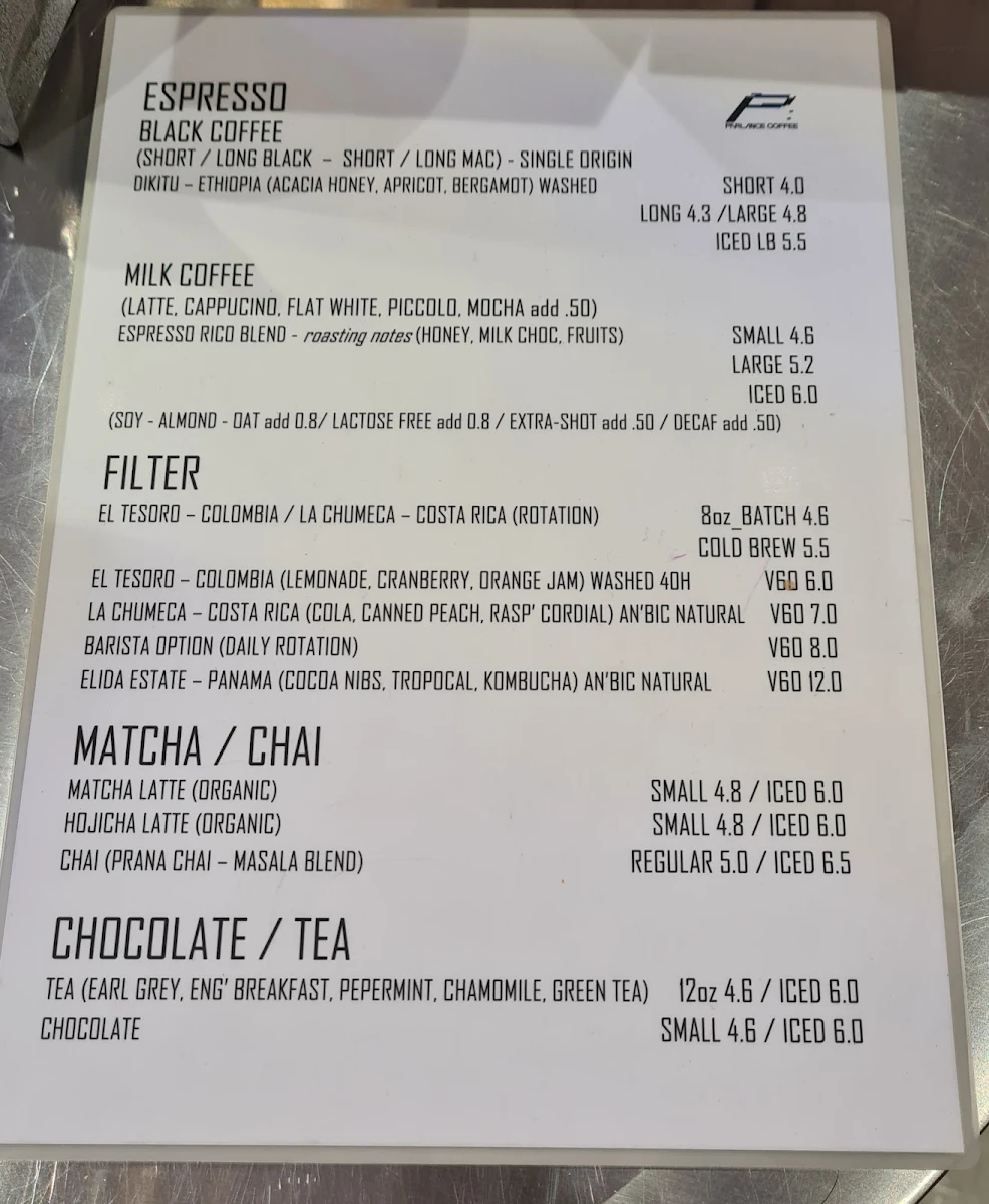 Menu, Parlance Coffee