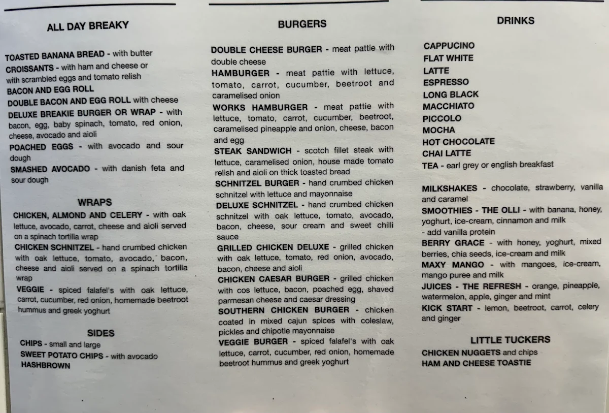 Menu, The Little Tuck Shop Wamberal