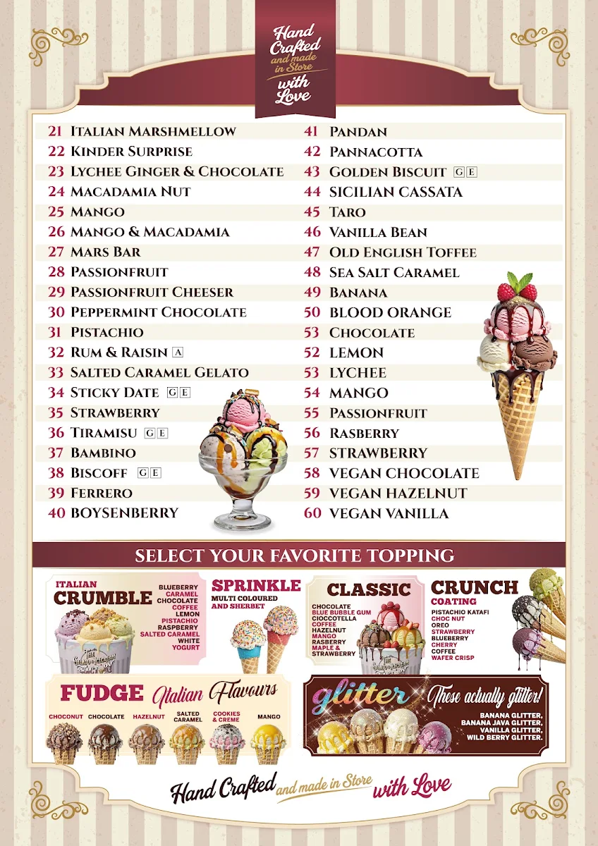 Menu, The Gelato & Icecream Factory
