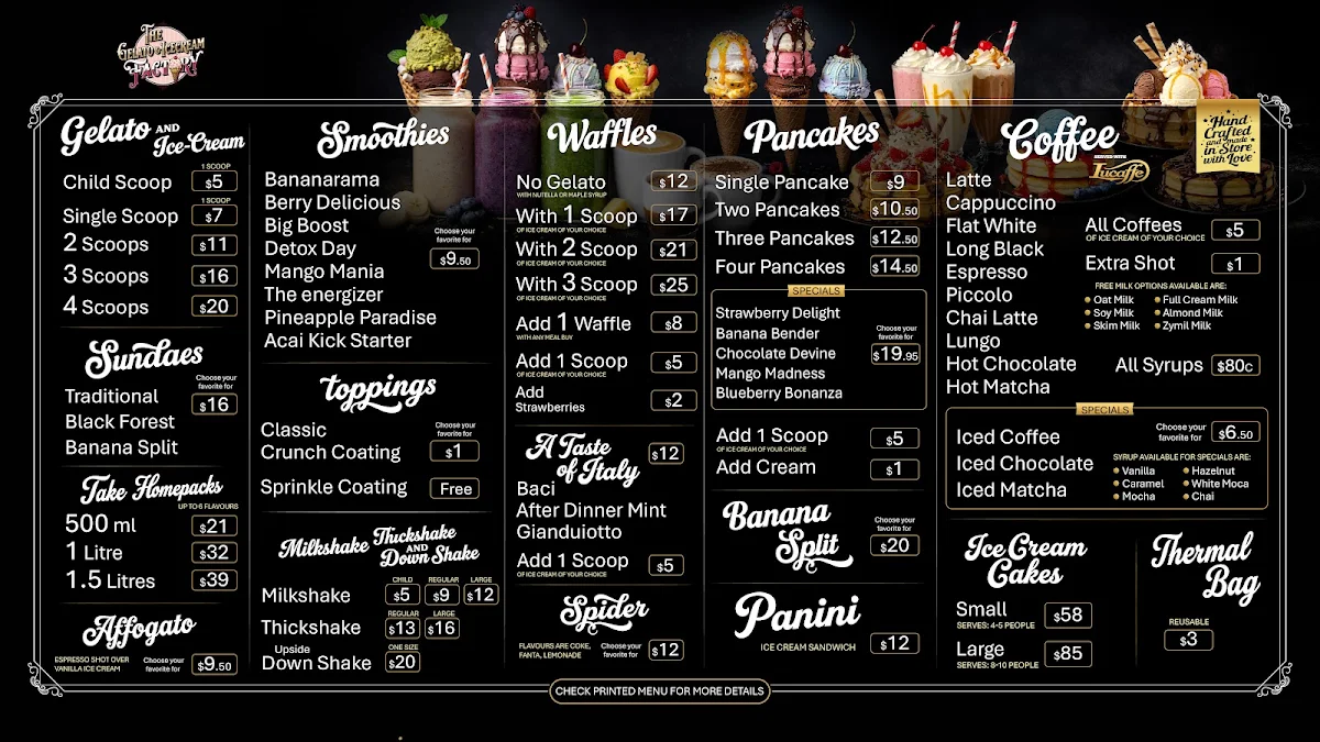 Menu, The Gelato & Icecream Factory