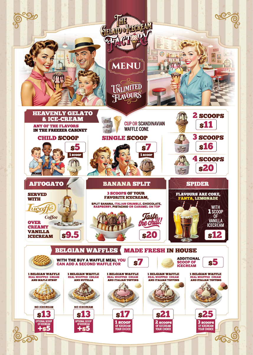 Menu, The Gelato & Icecream Factory