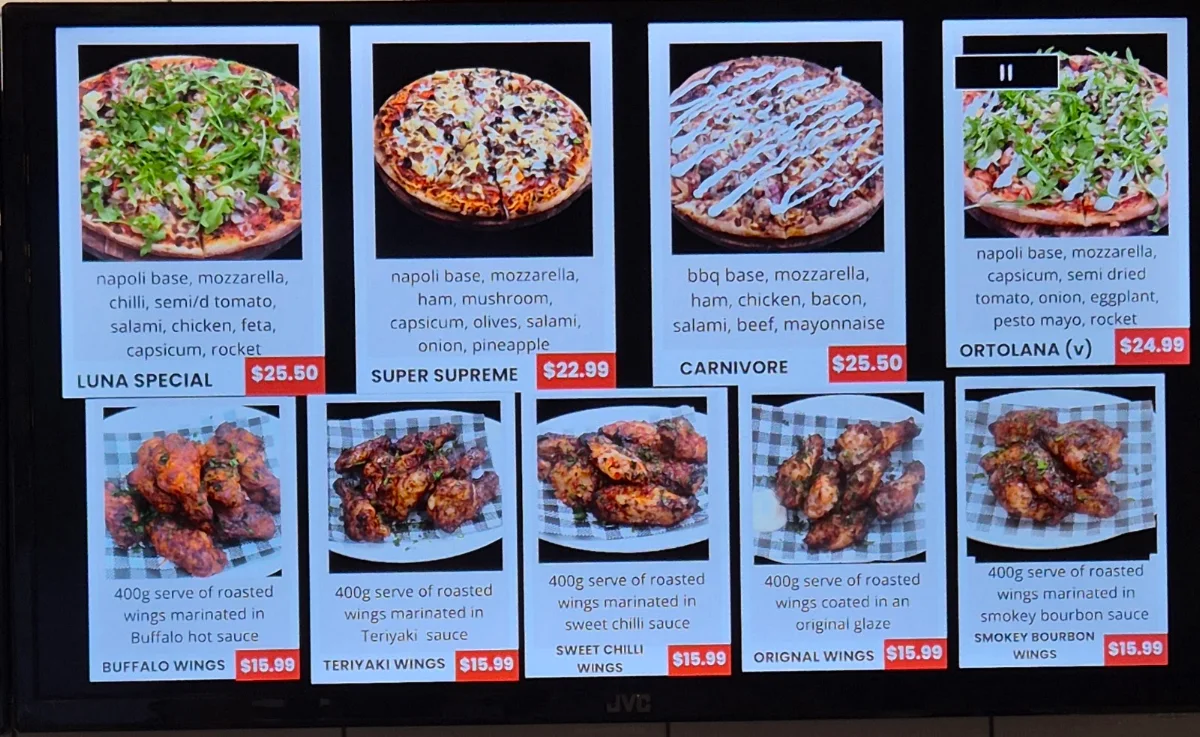 Menu, Luna Pizza