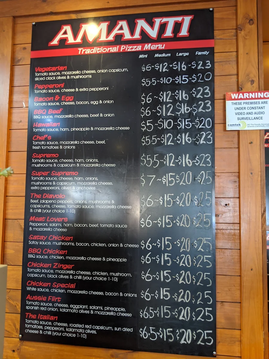 Menu, Amanti Pizza