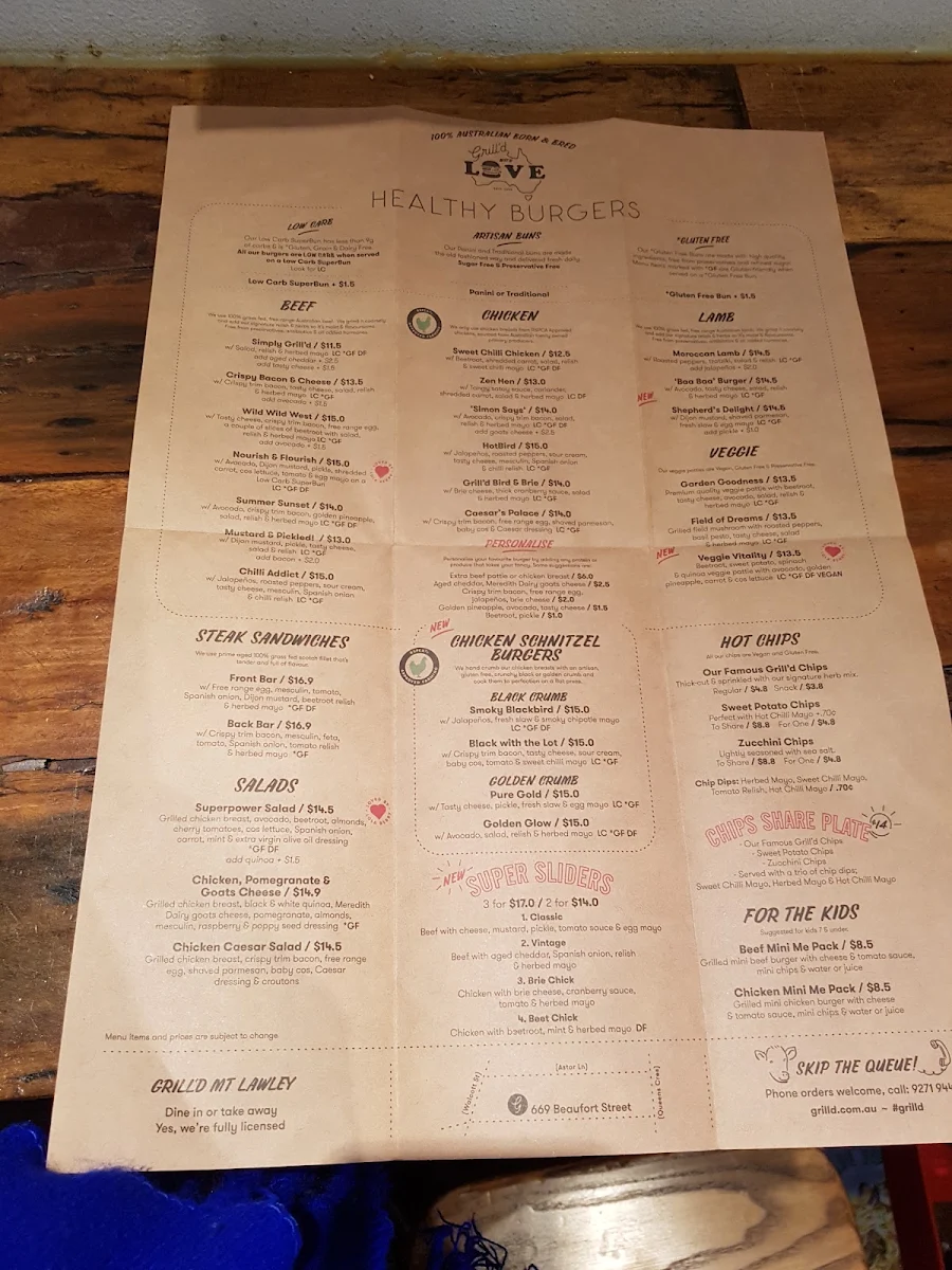 Menu, Grill'd Burgers - Mt Lawley