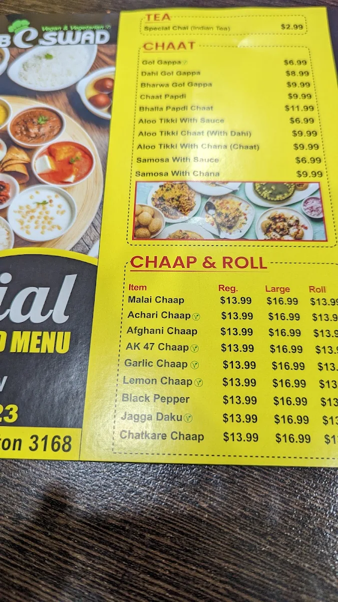 Menu, Sahib E Swad - Clayton