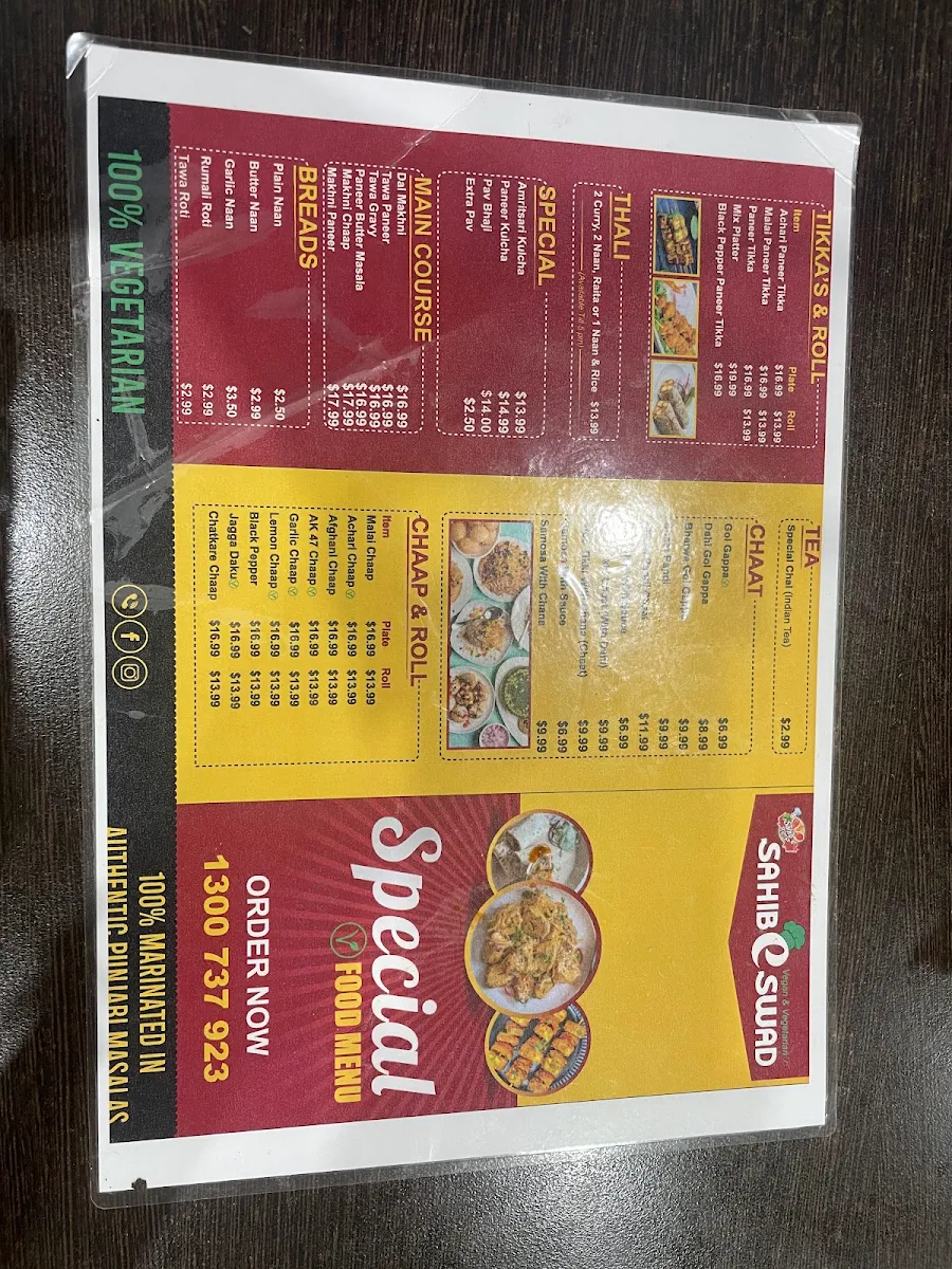 Menu, Sahib E Swad - Clayton