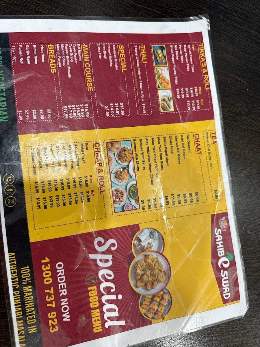 Menu, Sahib E Swad - Clayton