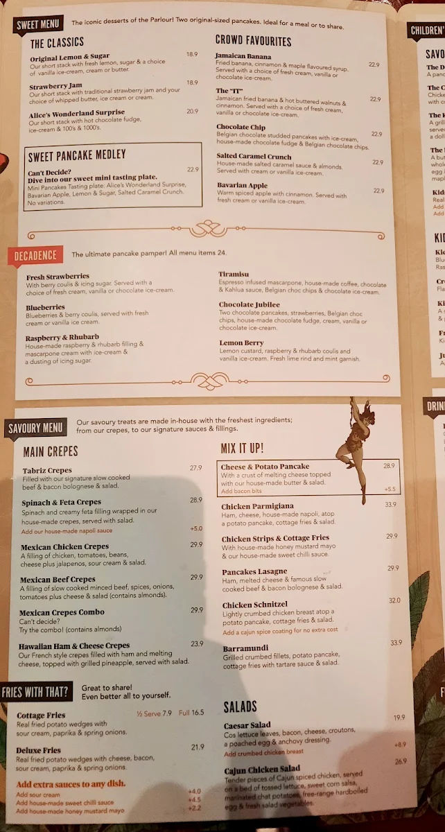 Menu, The Pancake Parlour Southland