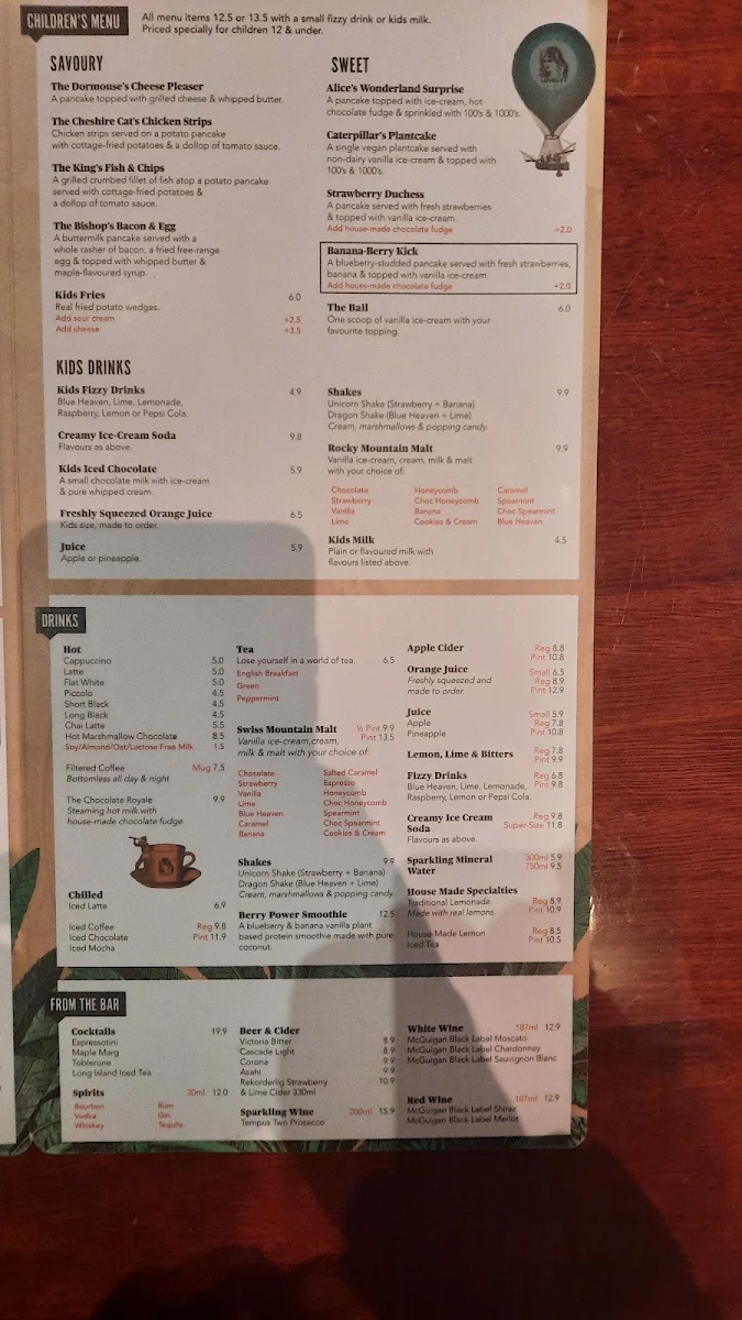 Menu, The Pancake Parlour Southland