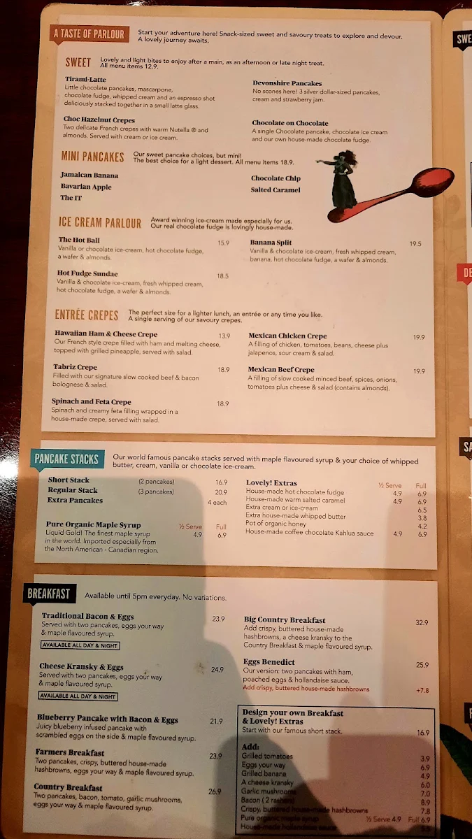 Menu, The Pancake Parlour Southland