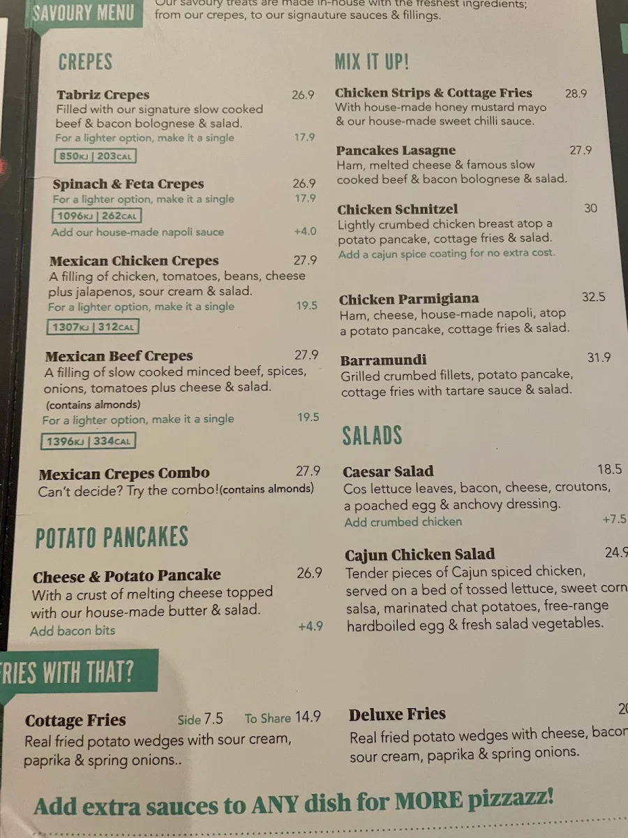 Menu, The Pancake Parlour Southland