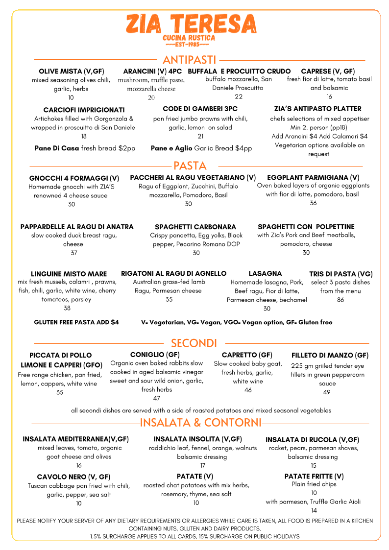 Menu, Zia Teresa