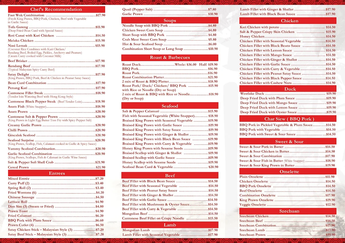 Menu, Fast Wok