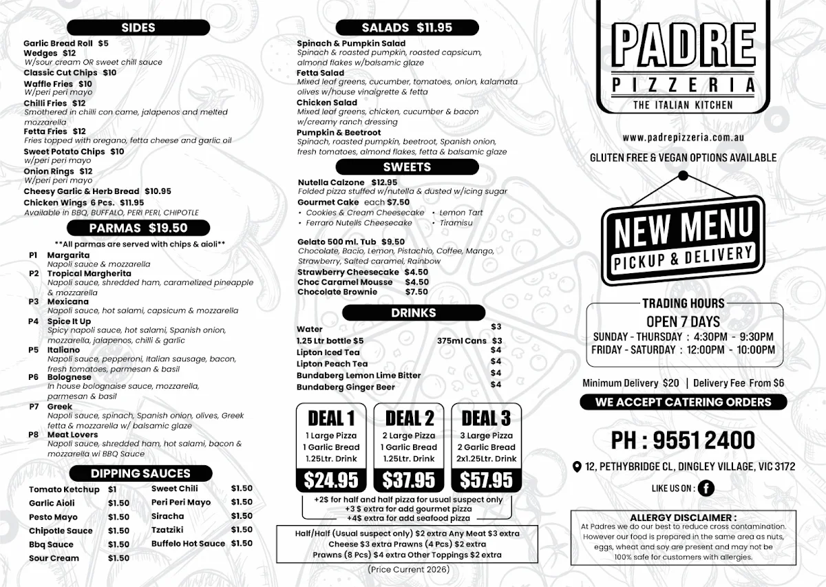 Menu, Padre Pizzeria
