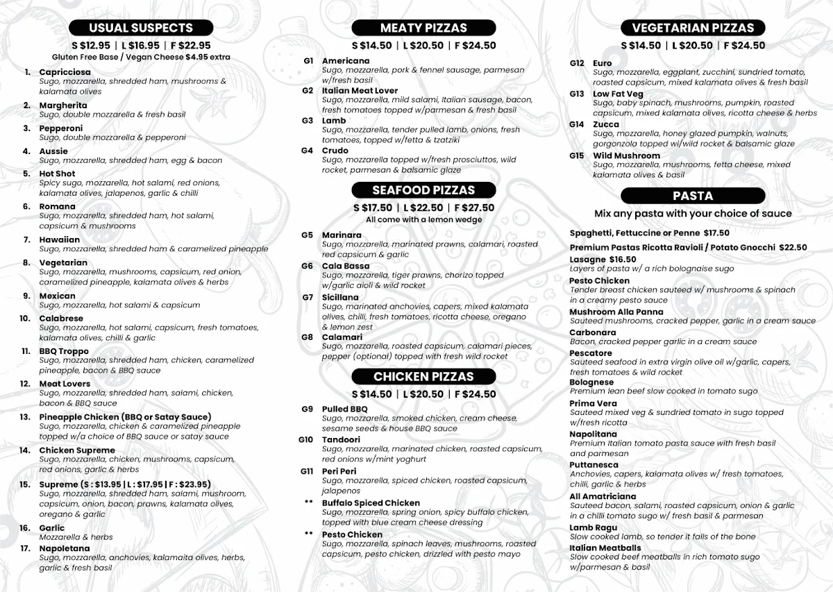 Menu, Padre Pizzeria