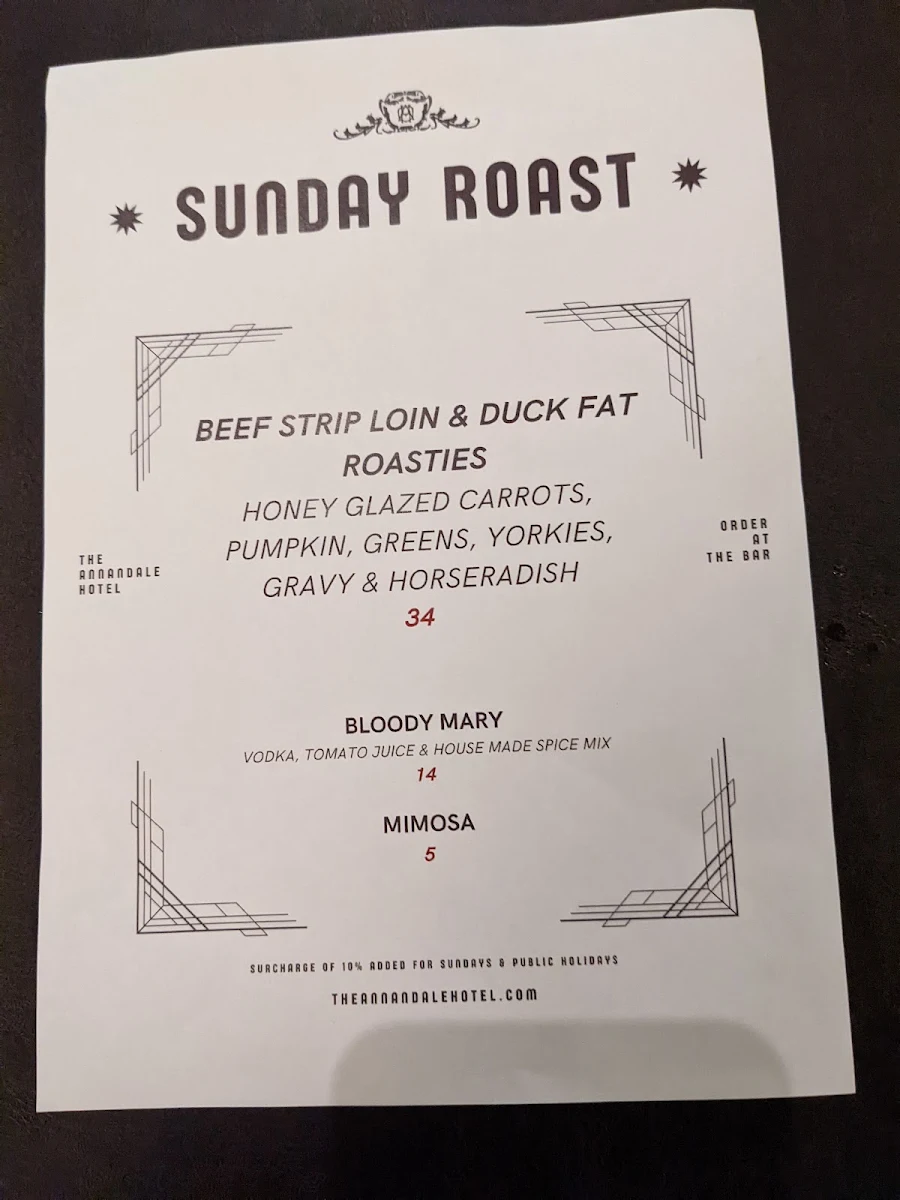 Menu, The Annandale Hotel