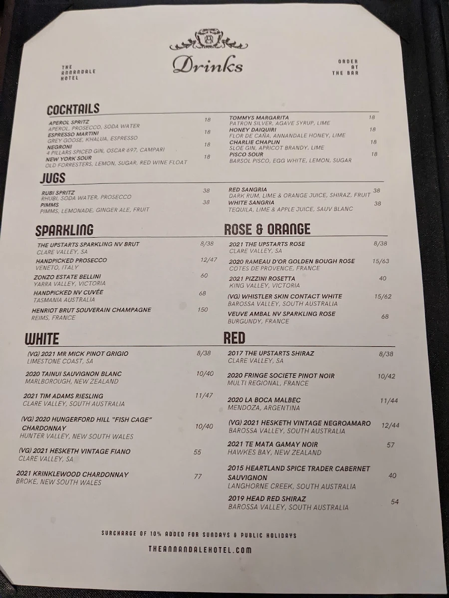 Menu, The Annandale Hotel