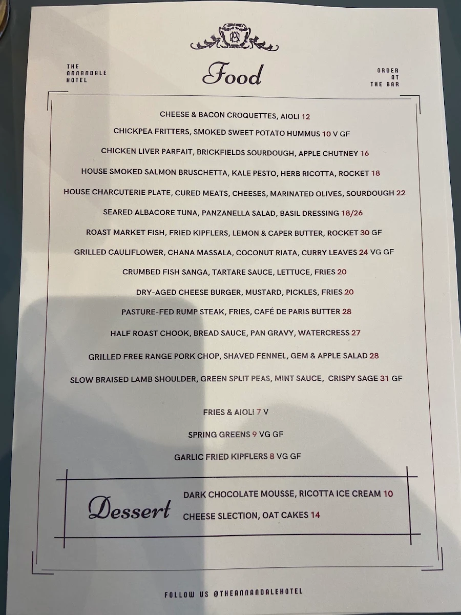 Menu, The Annandale Hotel