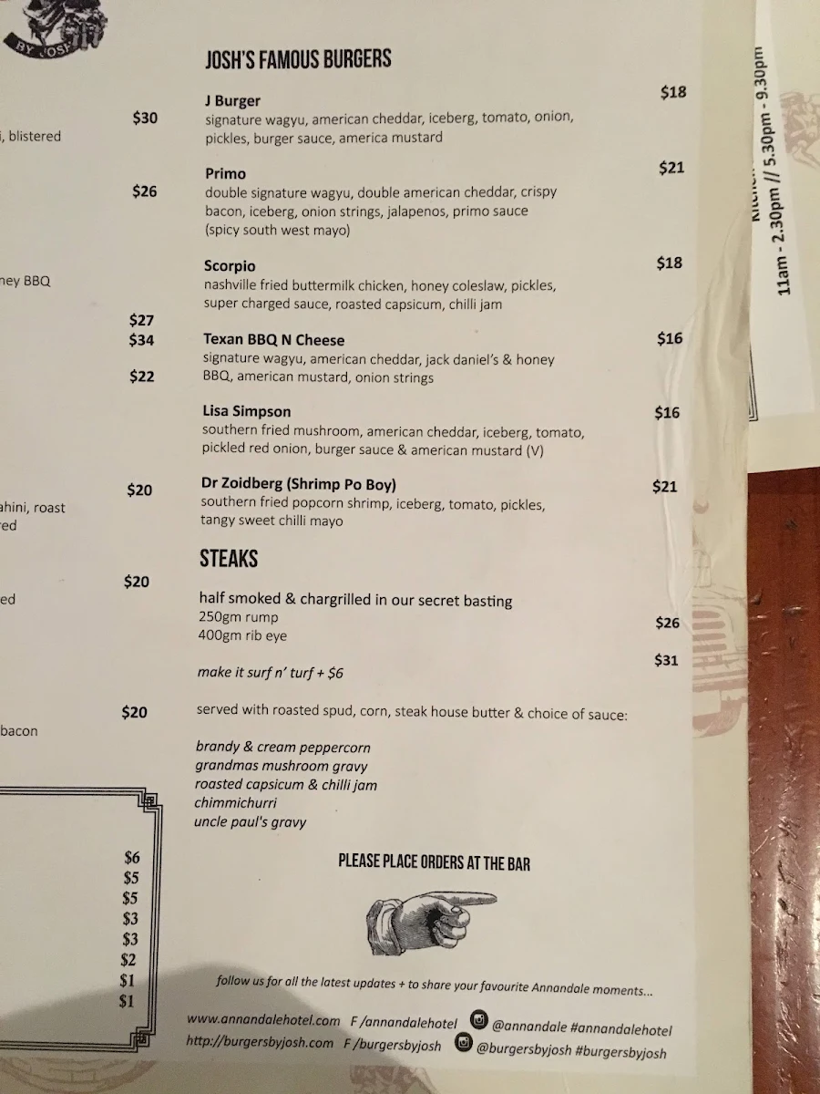 Menu, The Annandale Hotel