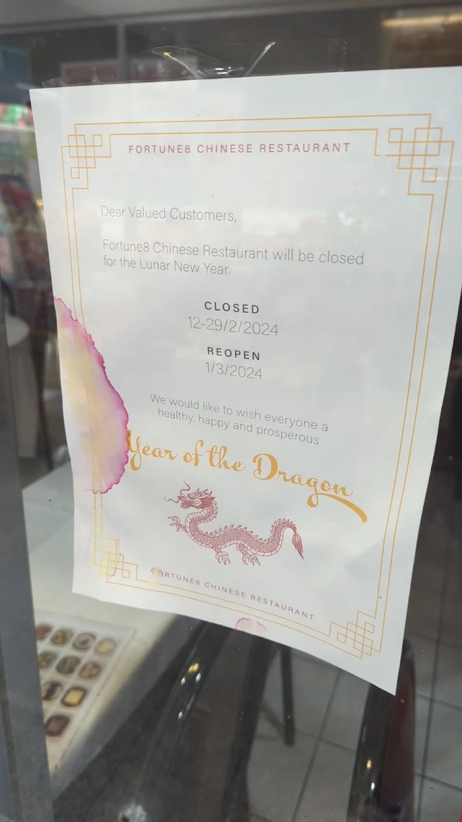 Menu, Fortune8 Chinese Restaurant