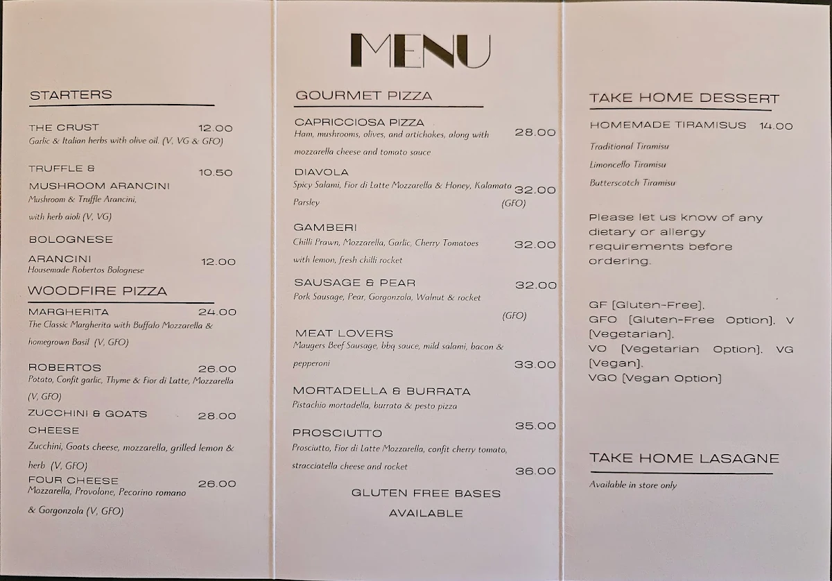 Menu, Robertos Pizzeria