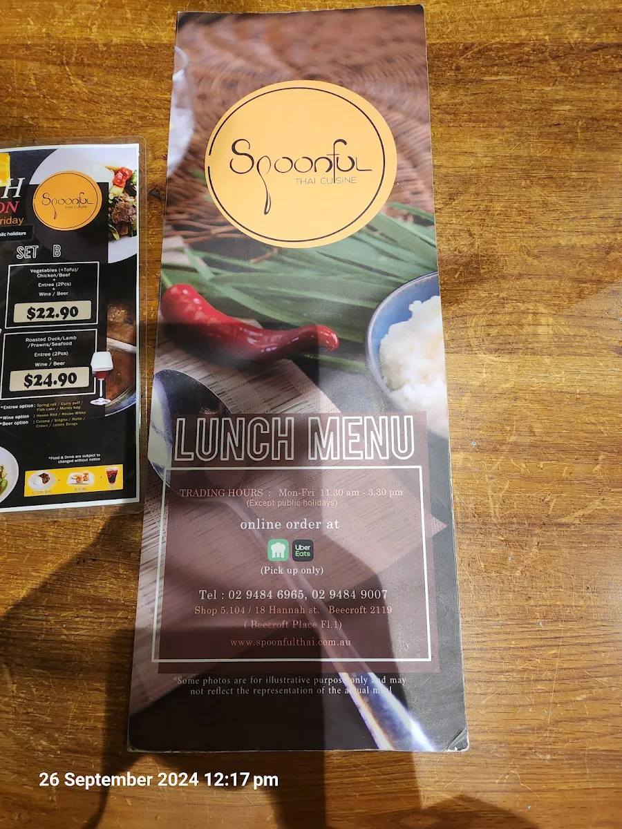 Menu, Spoonful Thai Cuisine Beecroft