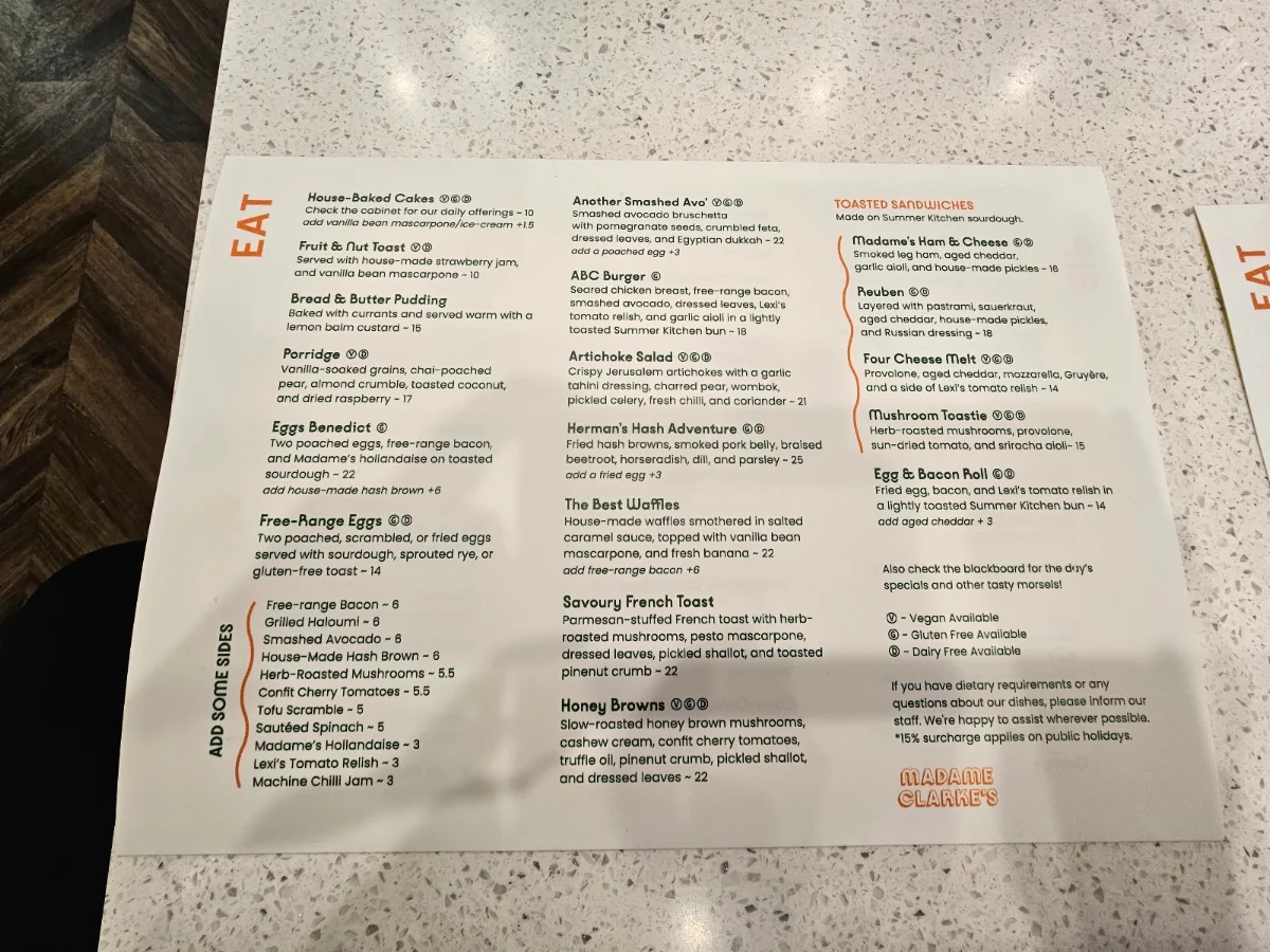 Menu, Madame Clarke’s